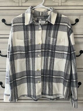 American Blue, Gray and & White Plaid Button-Up Shacket